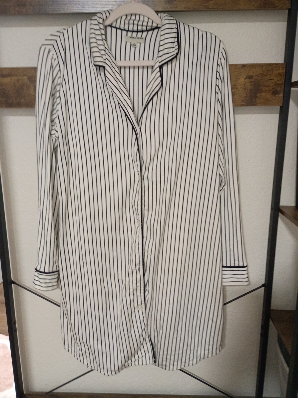Anne Klein Black and White Vertical Stripe Sleep Shirt - Picture 1 of 6